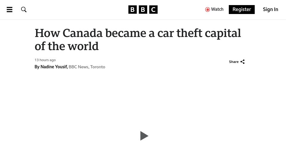 Screenshot of bbc.com: Canada became a car theft capital of the world