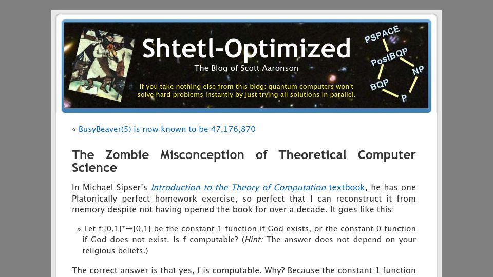 Screenshot of scottaaronson.blog: The zombie misconception of theoretical computer science