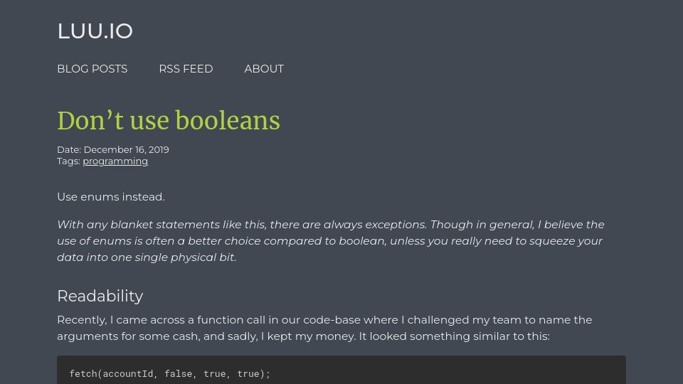 Screenshot of luu.io: Don't use booleans (2019)