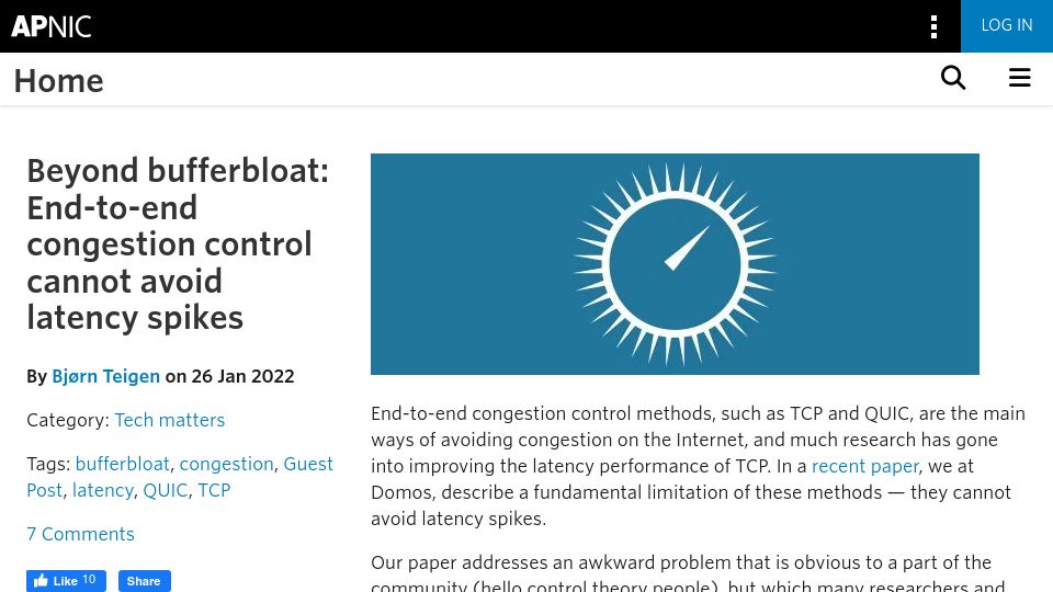 Screenshot of blog.apnic.net: End-to-end congestion control cannot avoid latency spikes (2022)