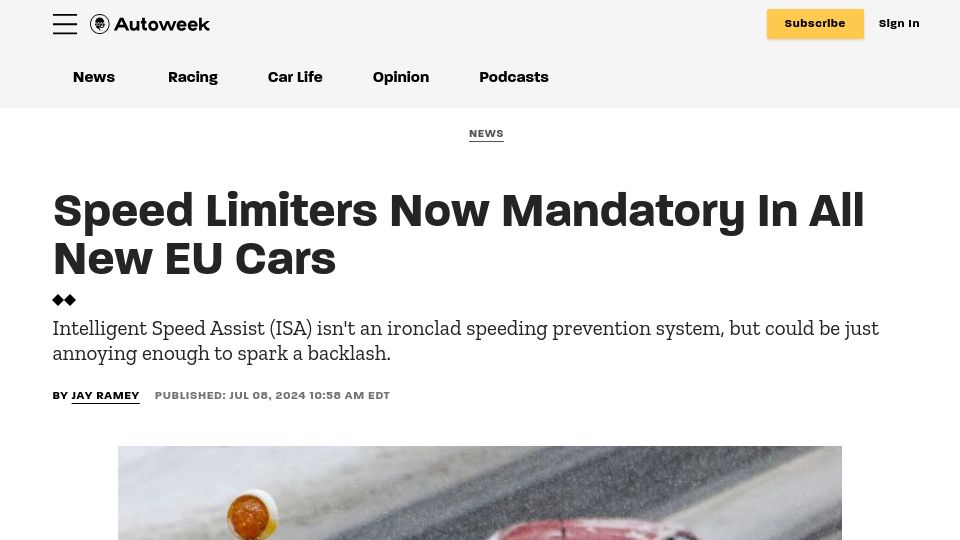 Screenshot of autoweek.com: Speed Limiters Now Mandatory in All New EU Cars