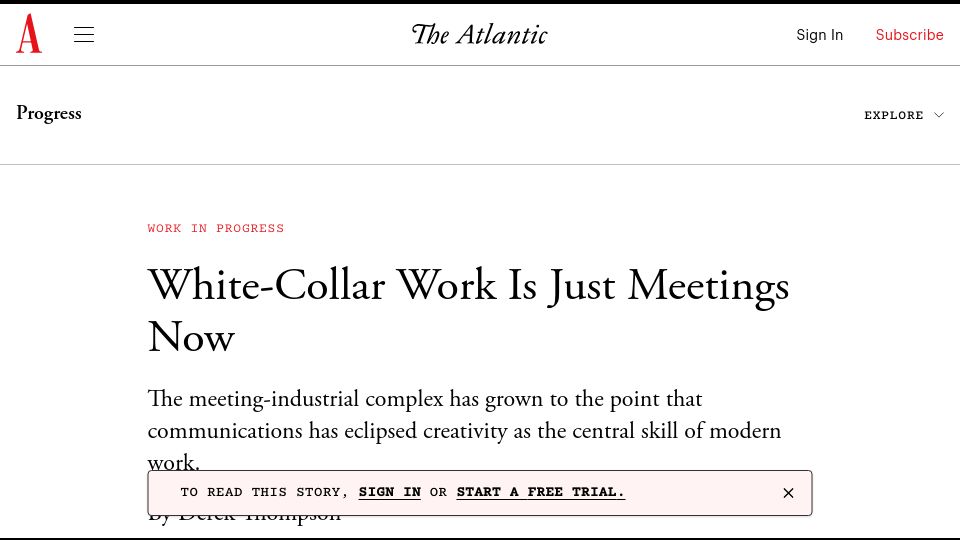 Screenshot of theatlantic.com: White-Collar Work Is Just Meetings Now