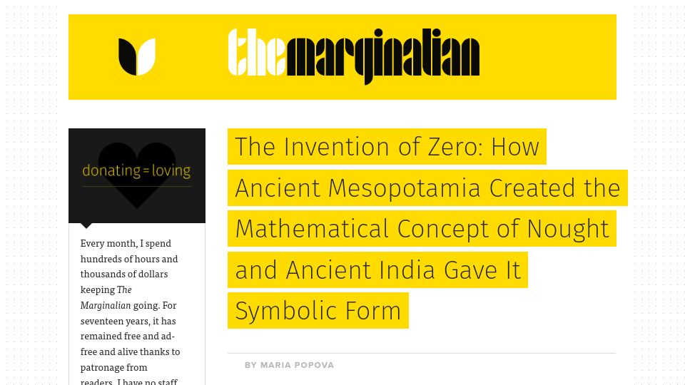 Screenshot of themarginalian.org: The Invention of Zero