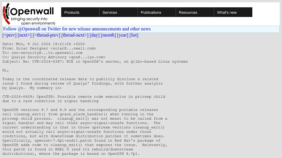 Screenshot of openwall.com: CVE-2024-6409: OpenSSH: Possible remote code execution in privsep child
