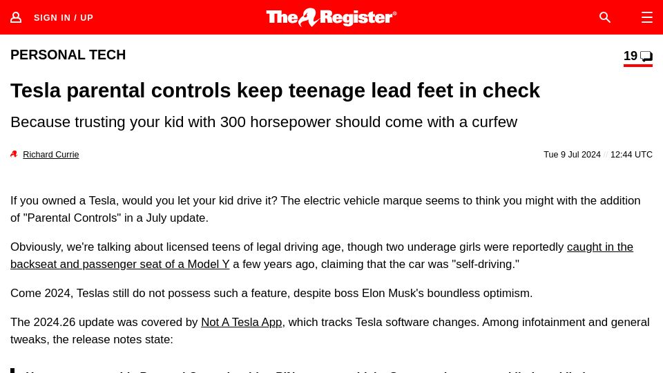 Screenshot of theregister.com: Tesla parental controls keep teenage lead feet in check