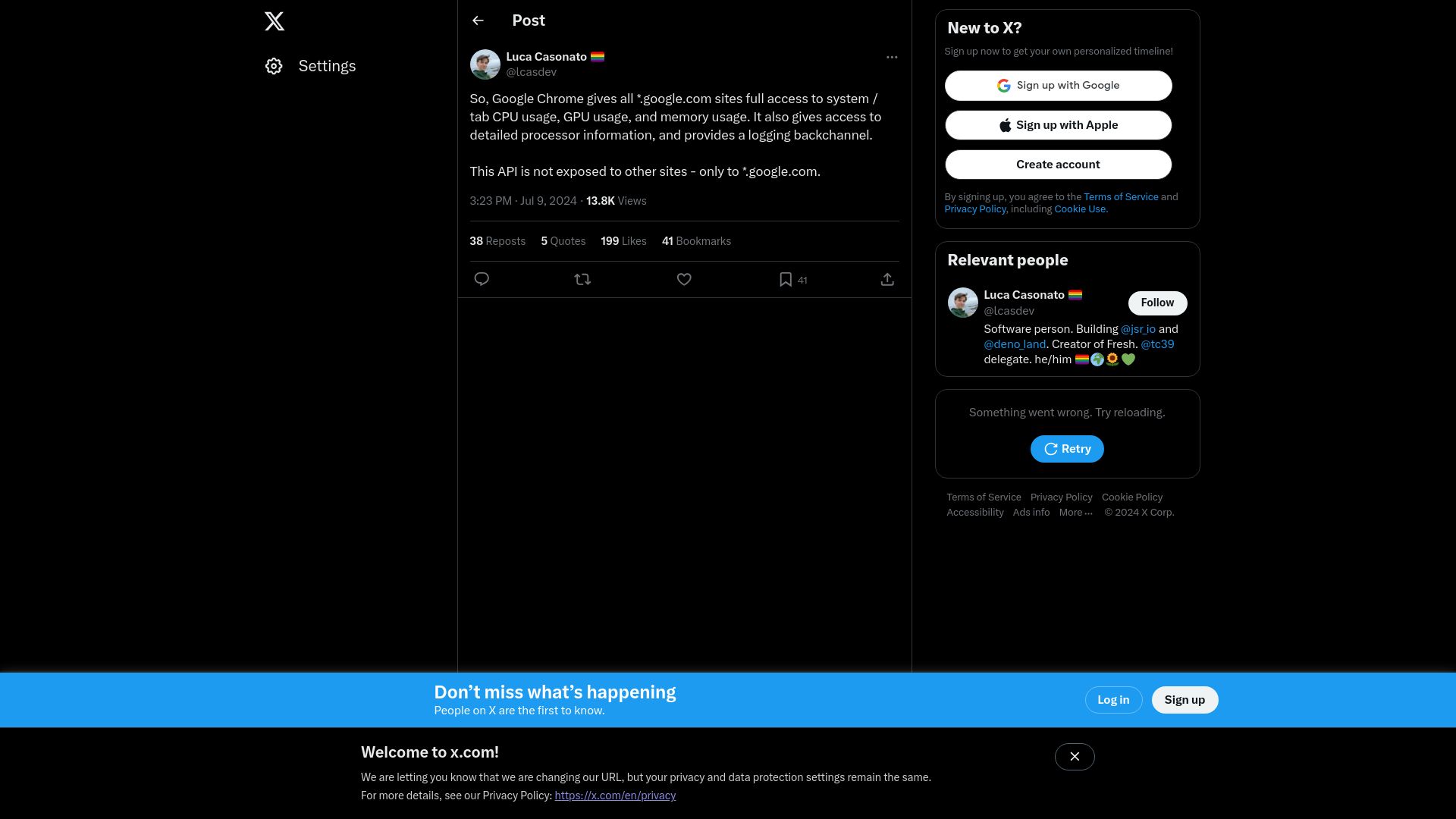 Screenshot of twitter.com: Google Chrome has an API accesible only from *.google.com