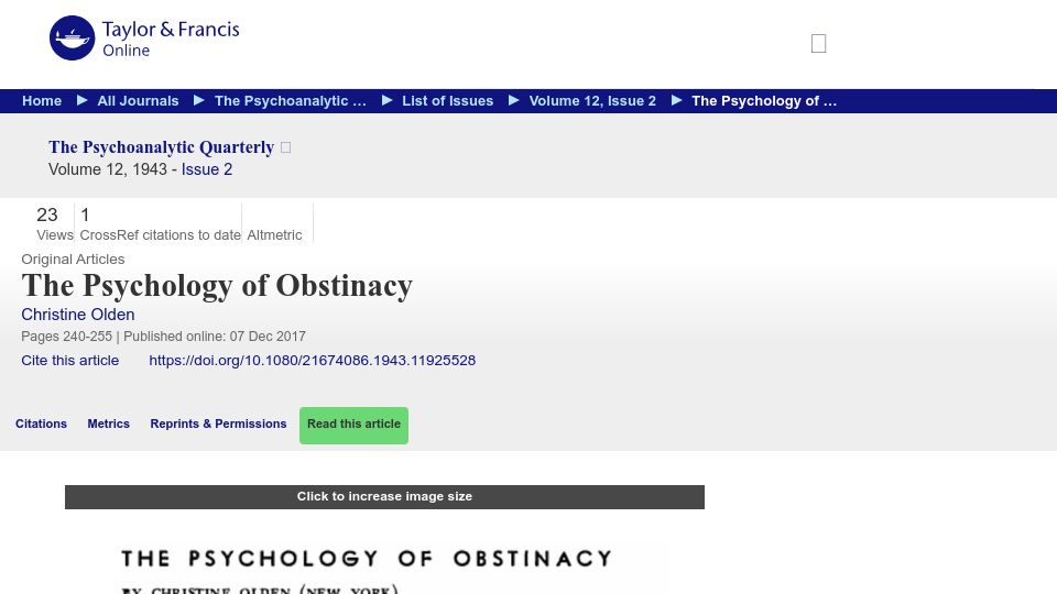 Screenshot of tandfonline.com: The Psychology of Obstinacy (1943)