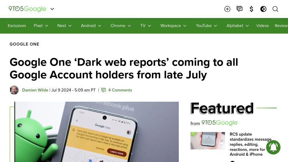 Screenshot of 9to5google.com: Google One 'Dark web reports' coming to all Google Account holders in late July