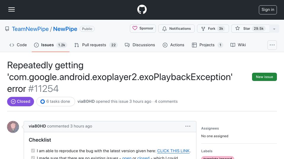 Screenshot of github.com: Newpipe/yt-dlp stops working