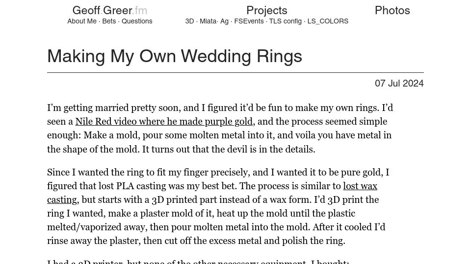 Screenshot of geoff.greer.fm: Making my own wedding rings