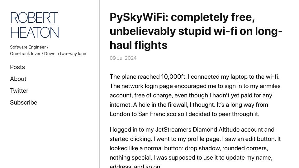 Screenshot of robertheaton.com: PySkyWiFi: Free stupid wi-fi on long-haul flights