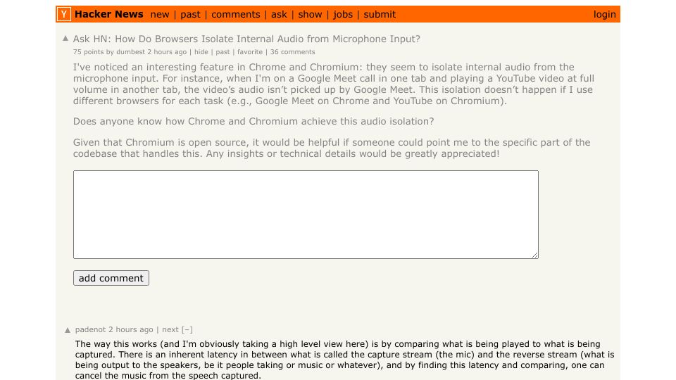 Screenshot of Hacker News post: Ask HN: How do browsers isolate internal audio from microphone input?