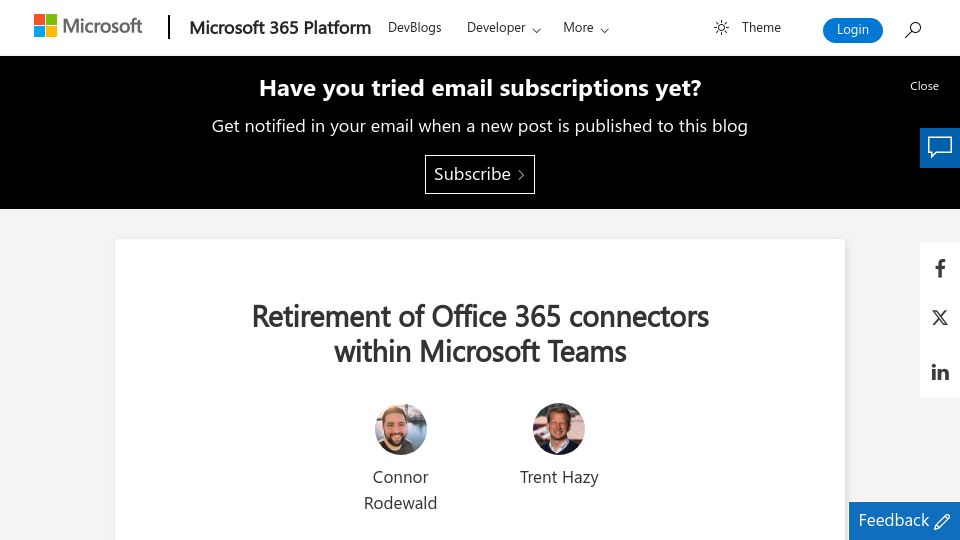 Screenshot of devblogs.microsoft.com: Retirement of Office 365 connectors within Microsoft Teams
