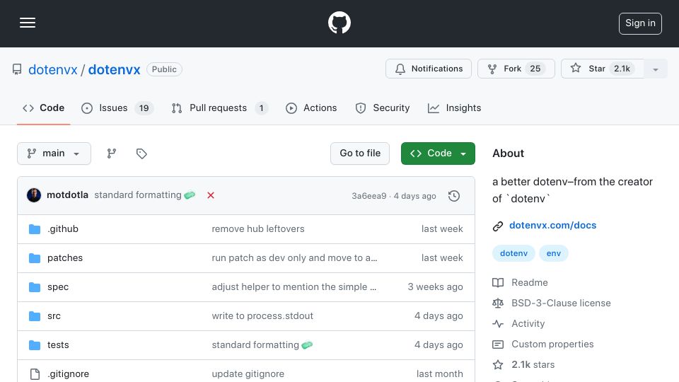 Screenshot of github.com: Dotenvx: A better dotenv – from the creator of `dotenv`