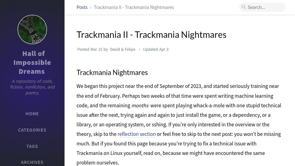 Screenshot of hallofdreams.org: Trackmania Nightmares