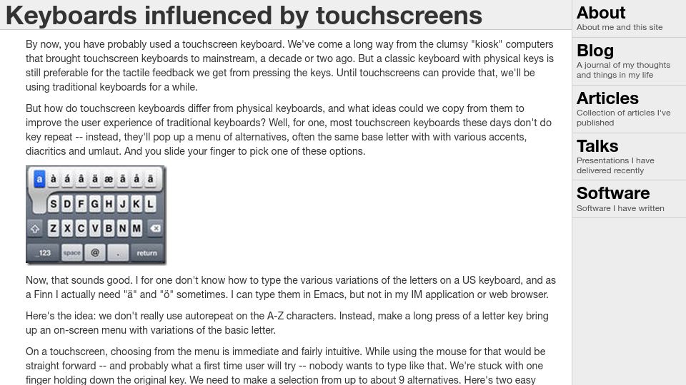 Screenshot of eagain.net: Keyboards Influenced by Touchscreens (2011)