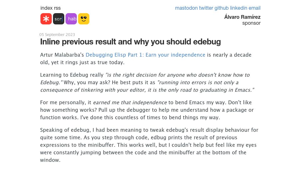 Screenshot of xenodium.com: Inline previous result in Emacs Lisp