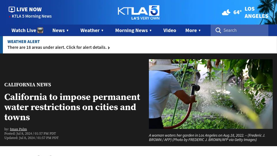 Screenshot of ktla.com: California to impose permanent water restrictions on cities and towns