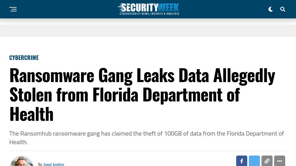 Screenshot of securityweek.com: Ransomware Gang Leaks Data Allegedly Stolen from Florida Department of Health