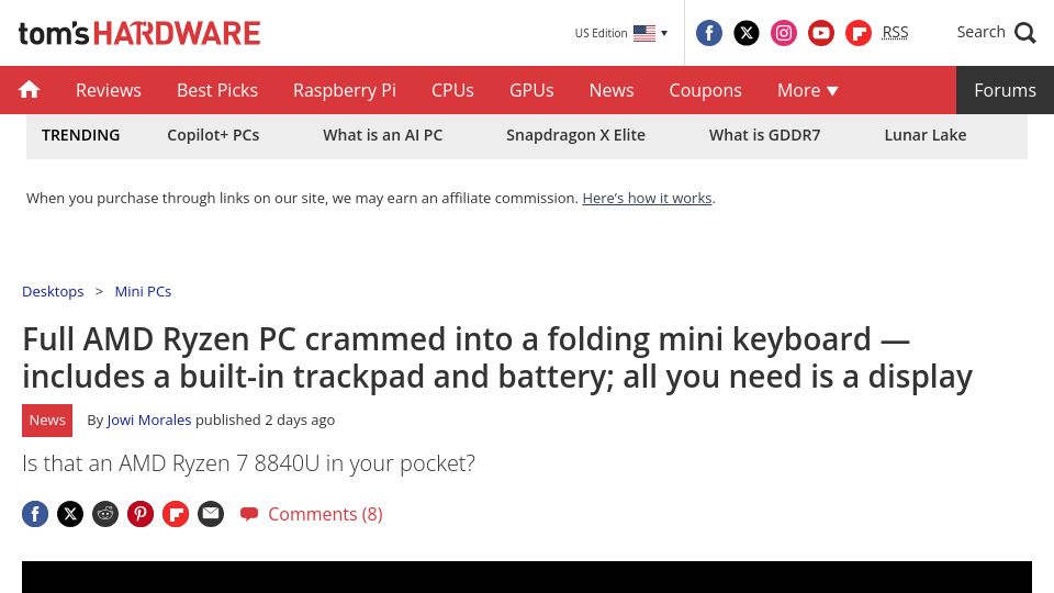 Screenshot of tomshardware.com: Full AMD Ryzen PC in a Folding Mini Keyboard
