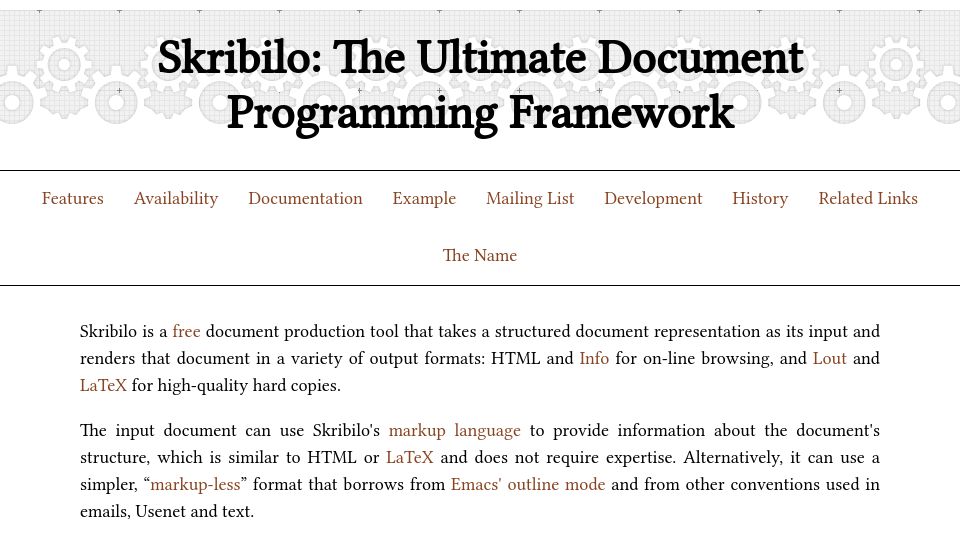 Screenshot of nongnu.org: Skribilo: The Document Programming Framework