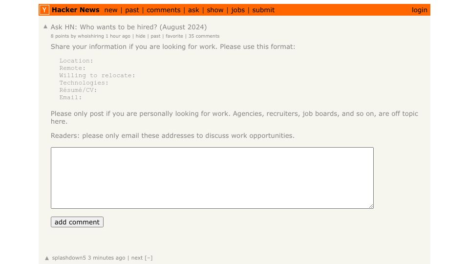 Screenshot of Hacker News post: Ask HN: Who wants to be hired? (August 2024)