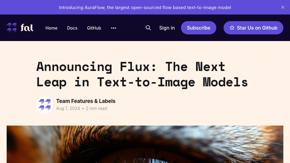 Screenshot of blog.fal.ai: Flux: Open-source text-to-image model with 12B parameters