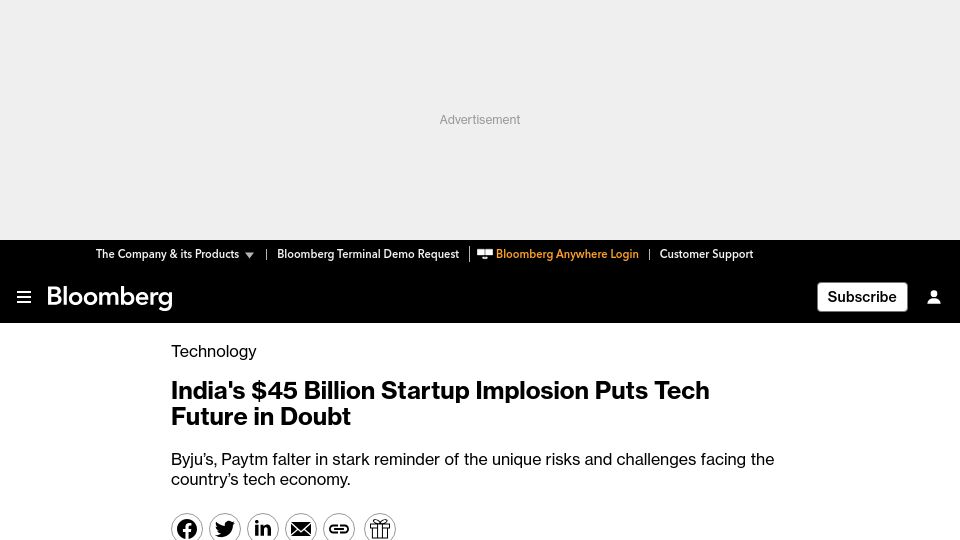 Screenshot of bloomberg.com: India's $45B Startup Implosion Puts Tech Future in Doubt