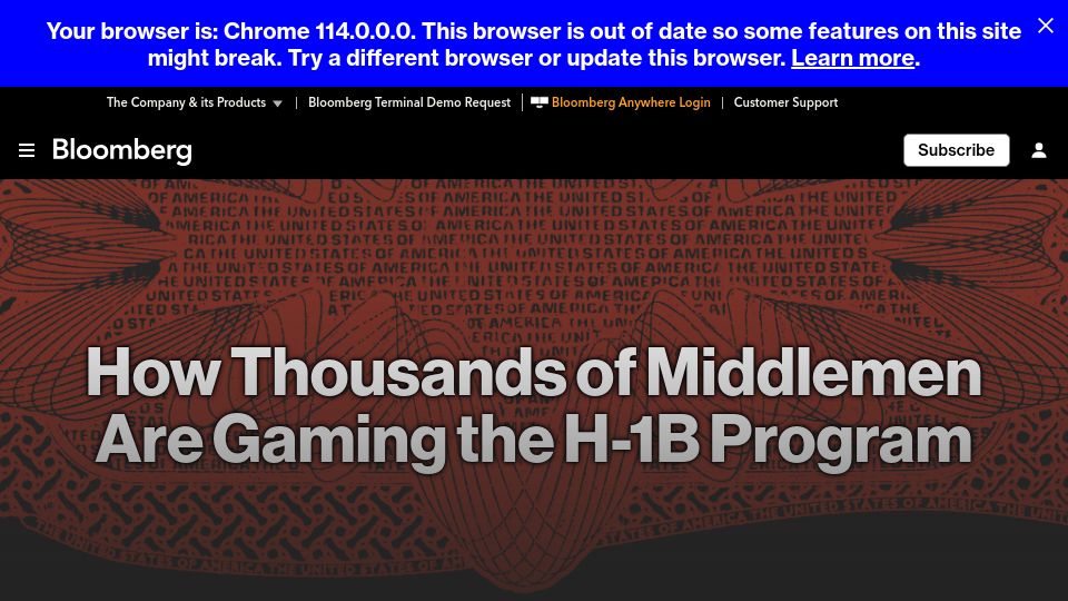 Screenshot of bloomberg.com: How Middlemen Are Gaming the H-1B Program