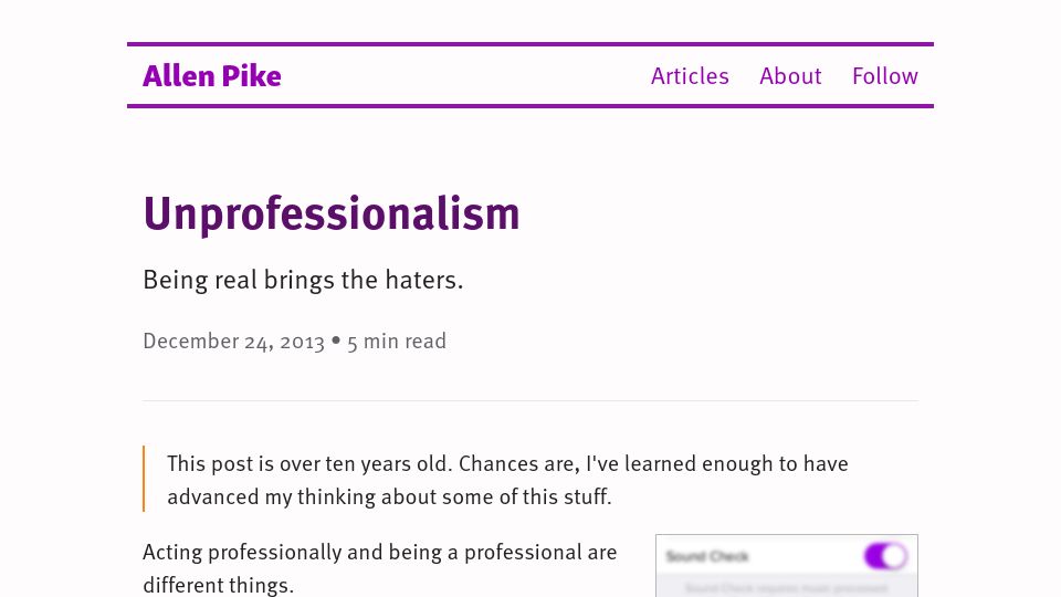 Screenshot of allenpike.com: Unprofessionalism (2013)