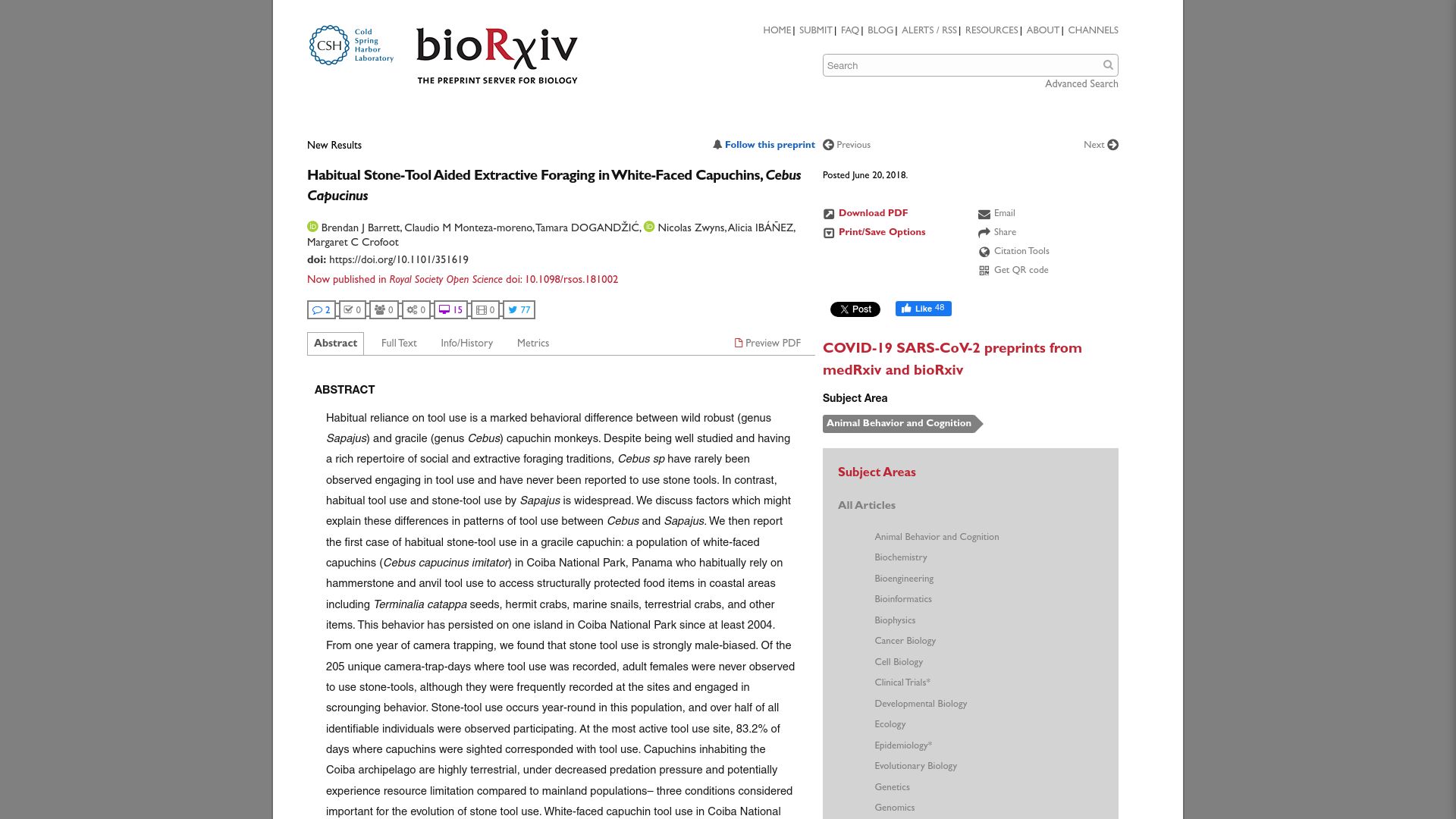 Screenshot of biorxiv.org: Habitual stone-tool aided extractive foraging in white-faced capuchins (2018)