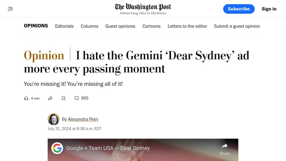 Screenshot of washingtonpost.com: I hate the Gemini 'Dear Sydney' ad more every passing moment