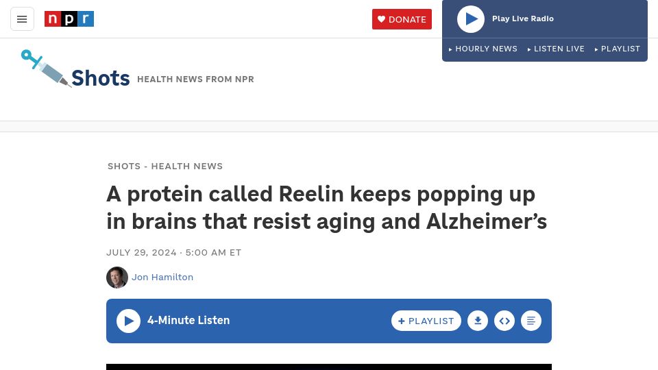 Screenshot of npr.org: The protein Reelin keeps popping up in brains that resist aging and Alzheimer’s