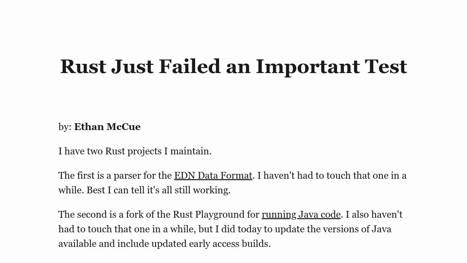 Screenshot of mccue.dev: Rust Just Failed an Important Test