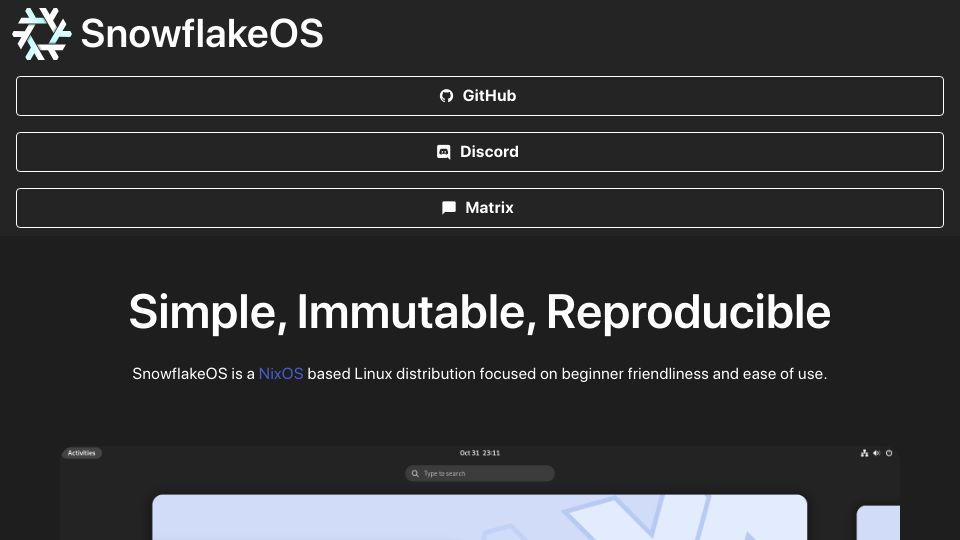 Screenshot of snowflakeos.org: SnowflakeOS: Beginner friendly and GUI focused NixOS variant