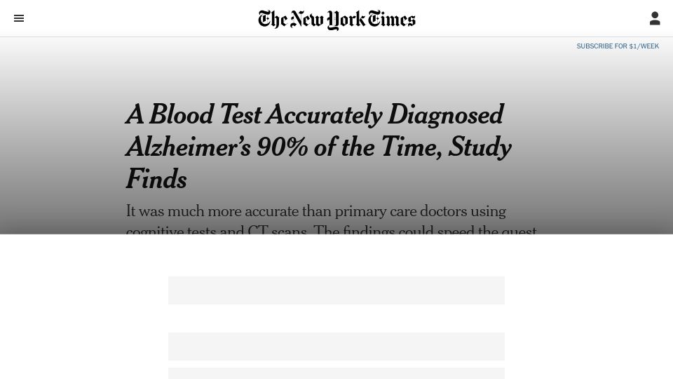 Screenshot of nytimes.com: A blood test accurately diagnosed Alzheimer's 90% of the time, study finds