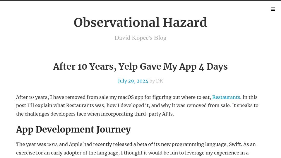 Screenshot of observationalhazard.com: After 10 years, Yelp gave my app 4 days