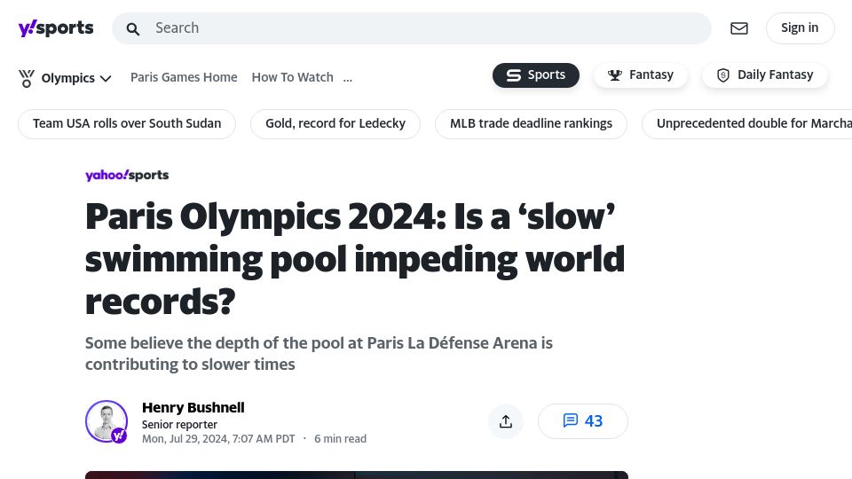 Screenshot of sports.yahoo.com: Is a 'slow' swimming pool impeding world records?