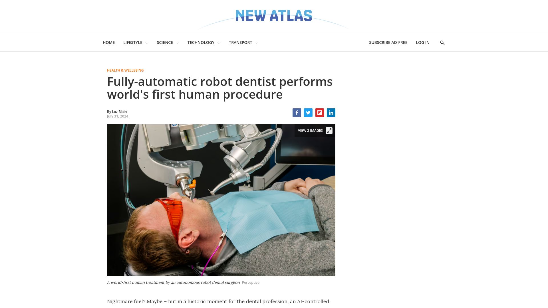 Screenshot of newatlas.com: Robot dentist performs first human procedure