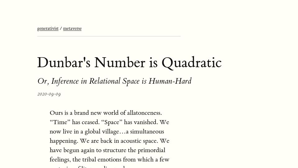 Screenshot of generativist.falsifiable.com: Dunbar's Number Is Quadratic (2020)