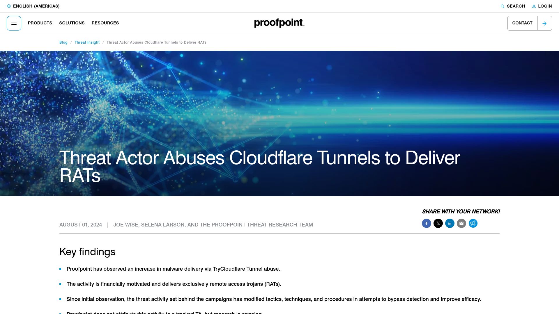Screenshot of proofpoint.com: Threat actor abuses Cloudflare tunnels to deliver remote access trojans