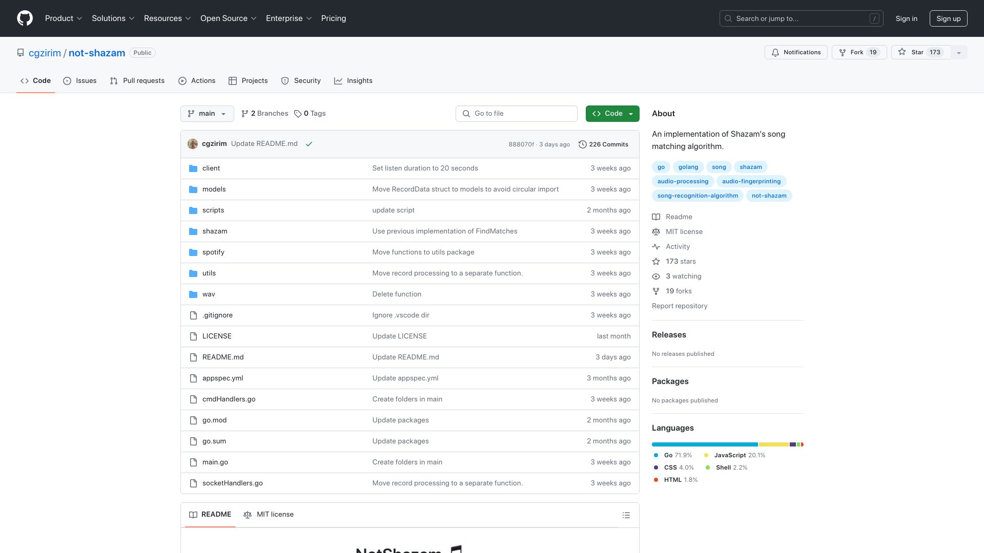 Screenshot of github.com: I recreated Shazam’s algorithm with Go