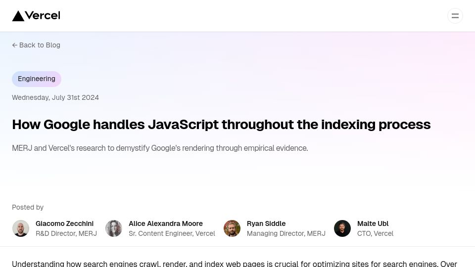 Screenshot of vercel.com: How Google handles JavaScript throughout the indexing process