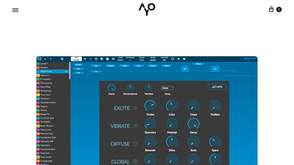 Screenshot of aodyo.com: Show HN: Anyma V, a hybrid physical modelling virtual instrument