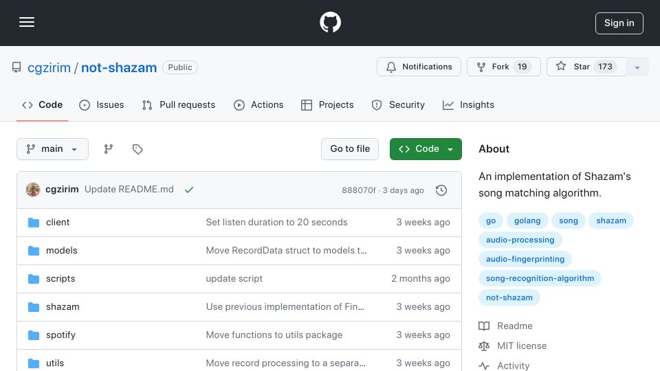 Screenshot of github.com: I recreated Shazam’s algorithm with Go