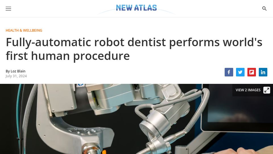 Screenshot of newatlas.com: Robot dentist performs first human procedure