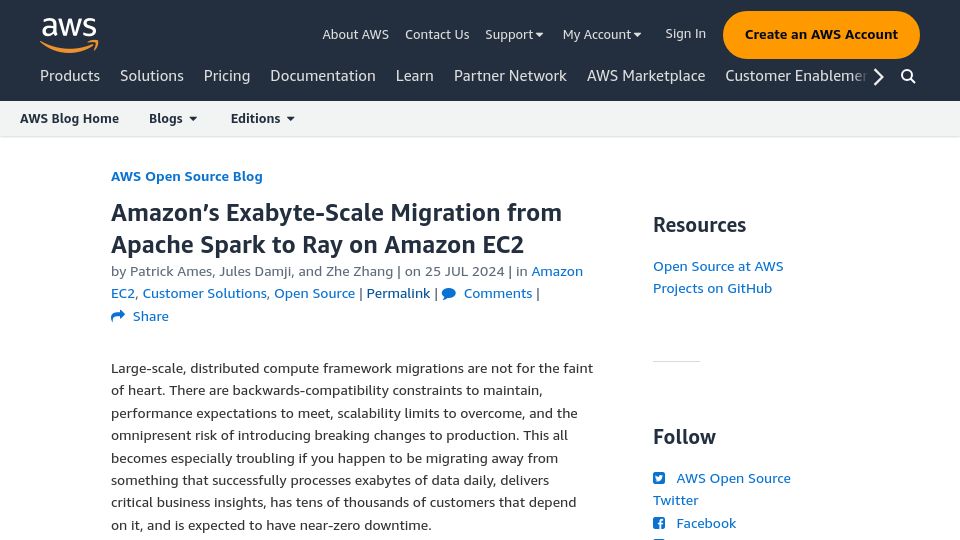 Screenshot of aws.amazon.com: Amazon's exabyte-scale migration from Apache Spark to Ray on EC2
