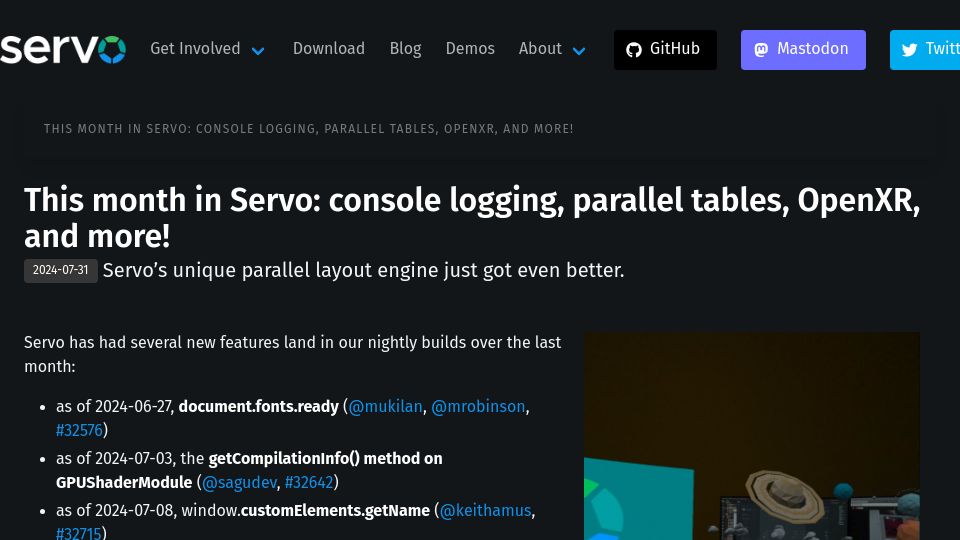 Screenshot of servo.org: This month in Servo: console logging, parallel tables, OpenXR, and more