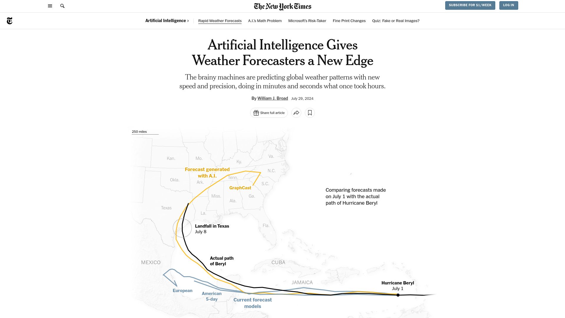 Screenshot of nytimes.com: Artificial intelligence gives weather forecasters a new edge