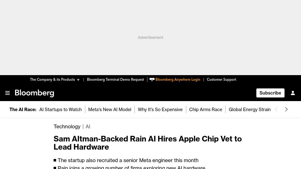 Screenshot of bloomberg.com: Sam Altman-Backed Rain AI Hires Apple Chip Vet to Lead Hardware